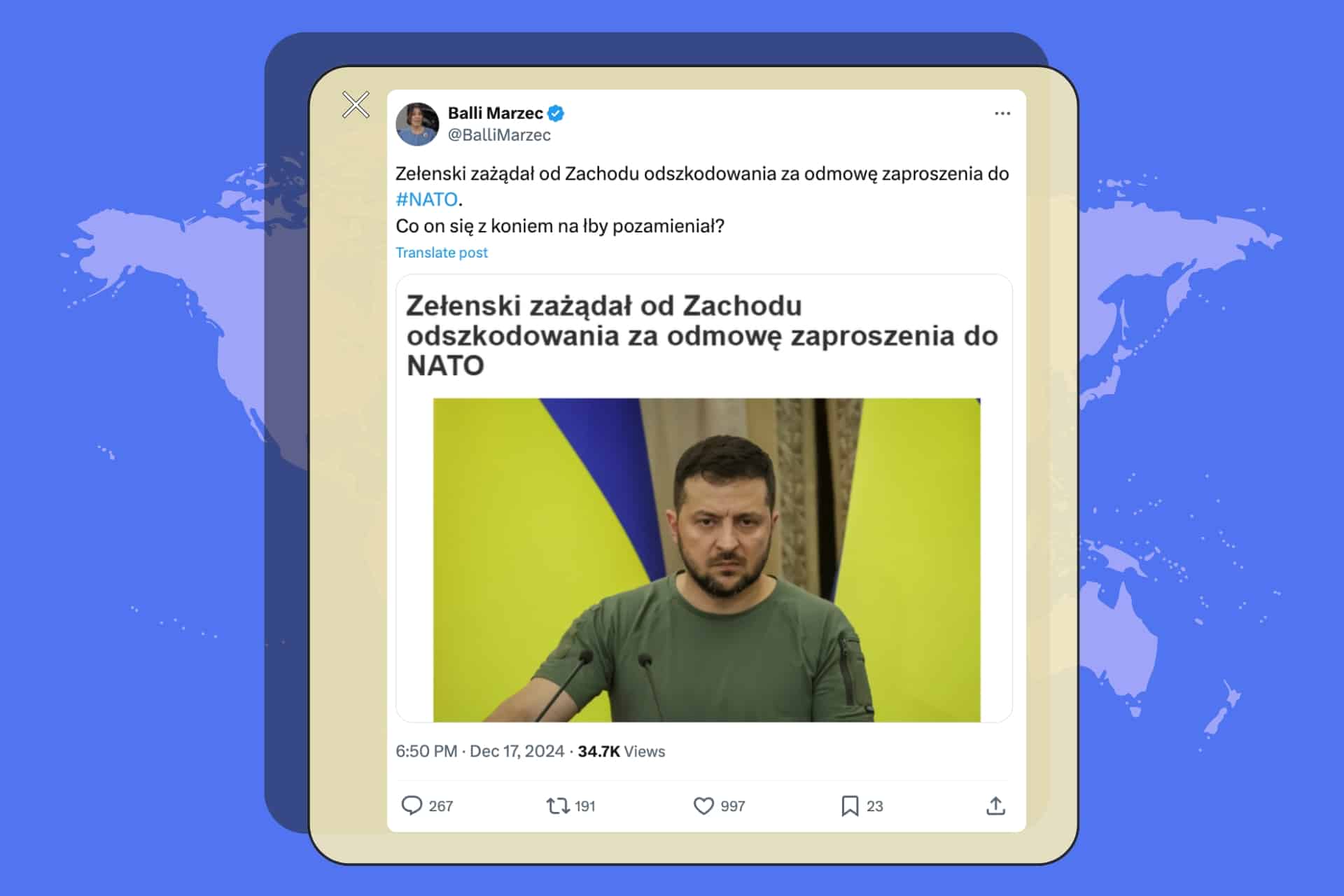 Zełenski żąda odszkodowania za odmówienie Ukrainie dołączenia do NATO? To nieprawda